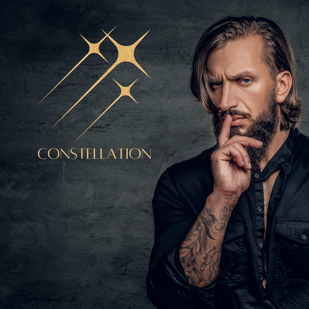 Constellation gold emblem beside a gesture of absolute silence against dark textured backdrop, embodying unrivalled discretion.