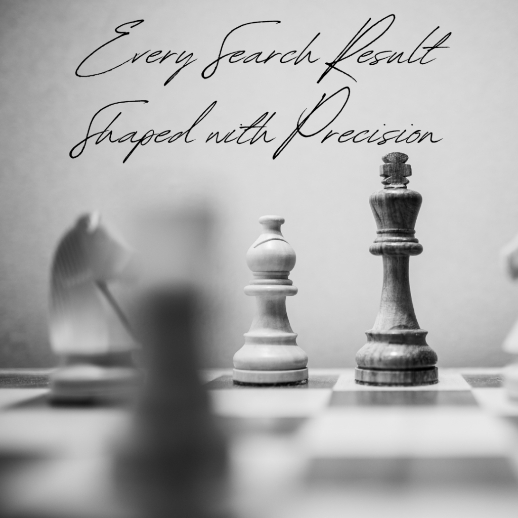 Every Search Result Shaped with Precision Black and white photograph of three chess pieces in sharp focus: a white pawn, a white bishop, and a dark wooden king standing on a reflective chessboard with dramatic depth of field