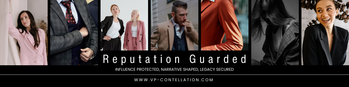 Sophisticated collage of elegantly dressed individuals in tailored attire, overlaid with the words "Reputation Guarded" and the tagline "Influence Protected, Narrative Shaped, Legacy Secured," alongside the Constellation website.