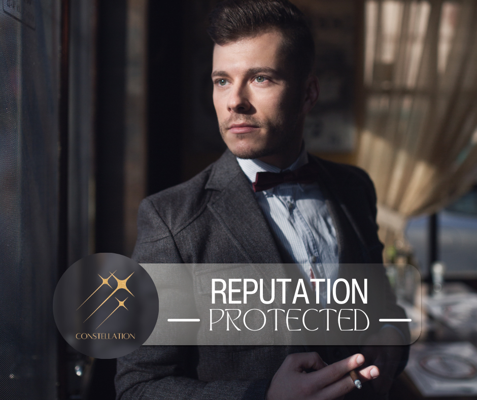 Confident executive in tailored suit gazing thoughtfully, with VP Constellation logo and the words REPUTATION PROTECTED overlay, representing discreet online reputation management services for ultra high net worth individuals.