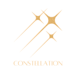 Constellation Mark Gold constellation emblem composed of interconnected starburst forms on a deep black background with the word CONSTELLATION in refined gold serif beneath