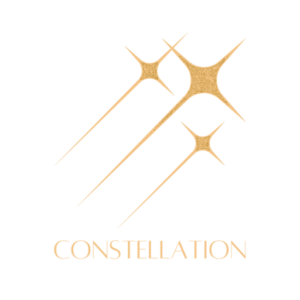 Gold constellation emblem composed of interconnected starburst forms on a deep black background with the word CONSTELLATION in refined gold serif beneath