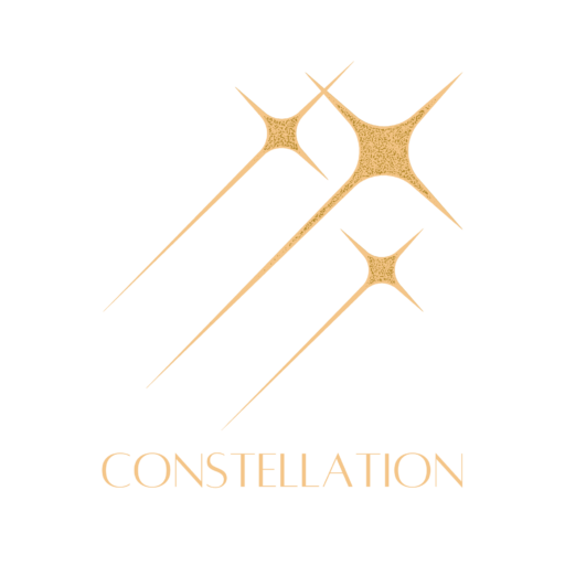Gold constellation emblem composed of interconnected starburst forms on a deep black background with the word CONSTELLATION in refined gold serif beneath